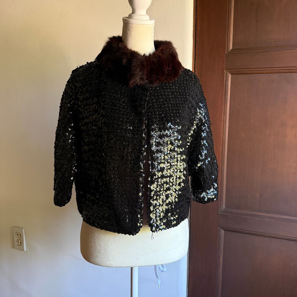 1960s Vintage Mink Fur Trimmed Sequin Cropped Evening Jacket | Medium